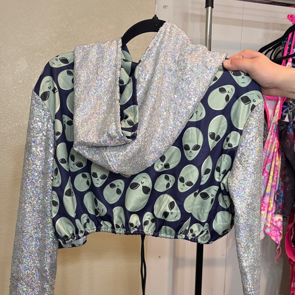 # 8 Alien Print Crop Hoodie with Silver Sleeves - Picture 2 of 4
